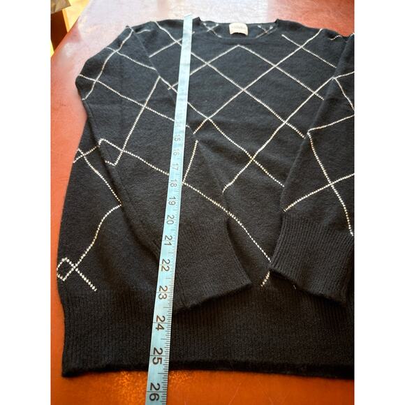 Madeleine Thompson 100% Cashmere Diamond Plaid Sweater M Black EUC - Picture 2 of 7